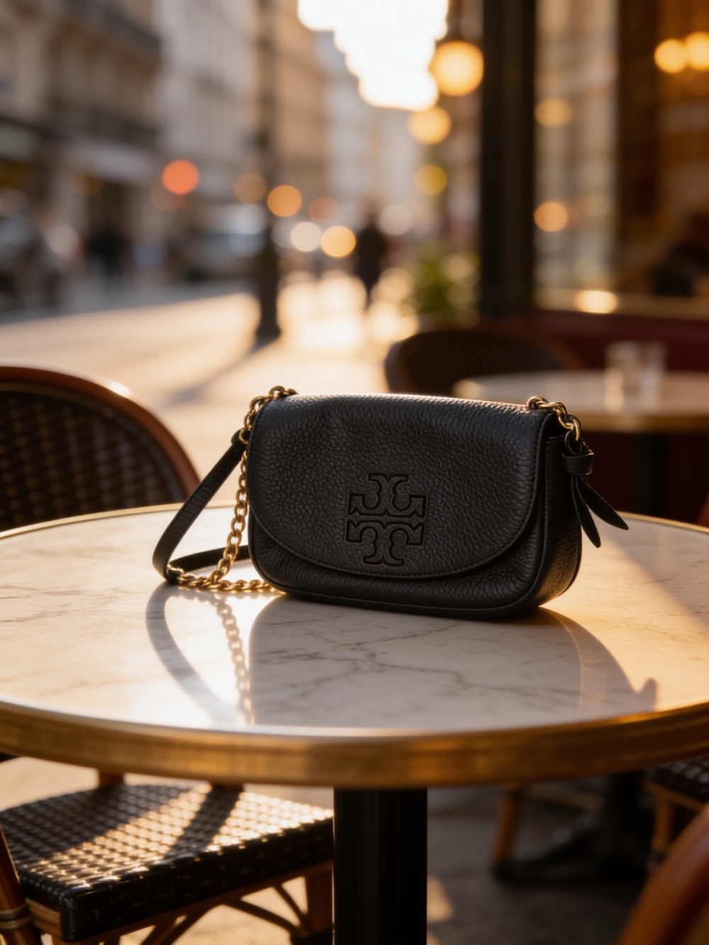 Tory Burch Black Pebbled Leather HARPER Crossbody with Gold Chain